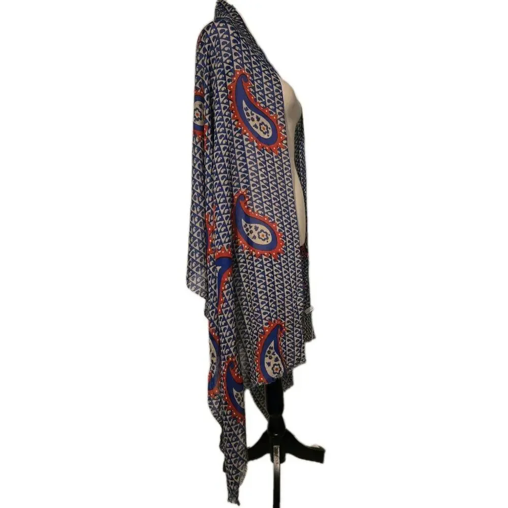 YARNZ Linen Blend Blue Red and Greige Paisley Graphic Shawl/Wrap 28